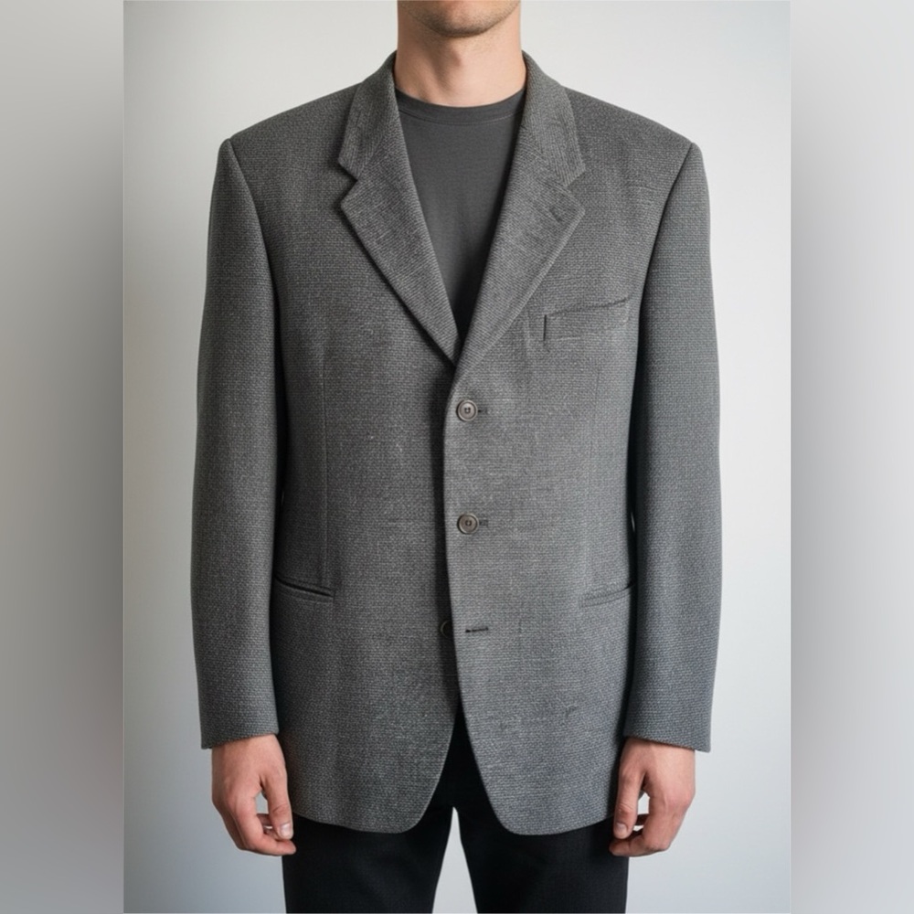 Vintage Giorgio Armani Blazer Mens Wool Blend Gray 44L Tweed Made In Italy